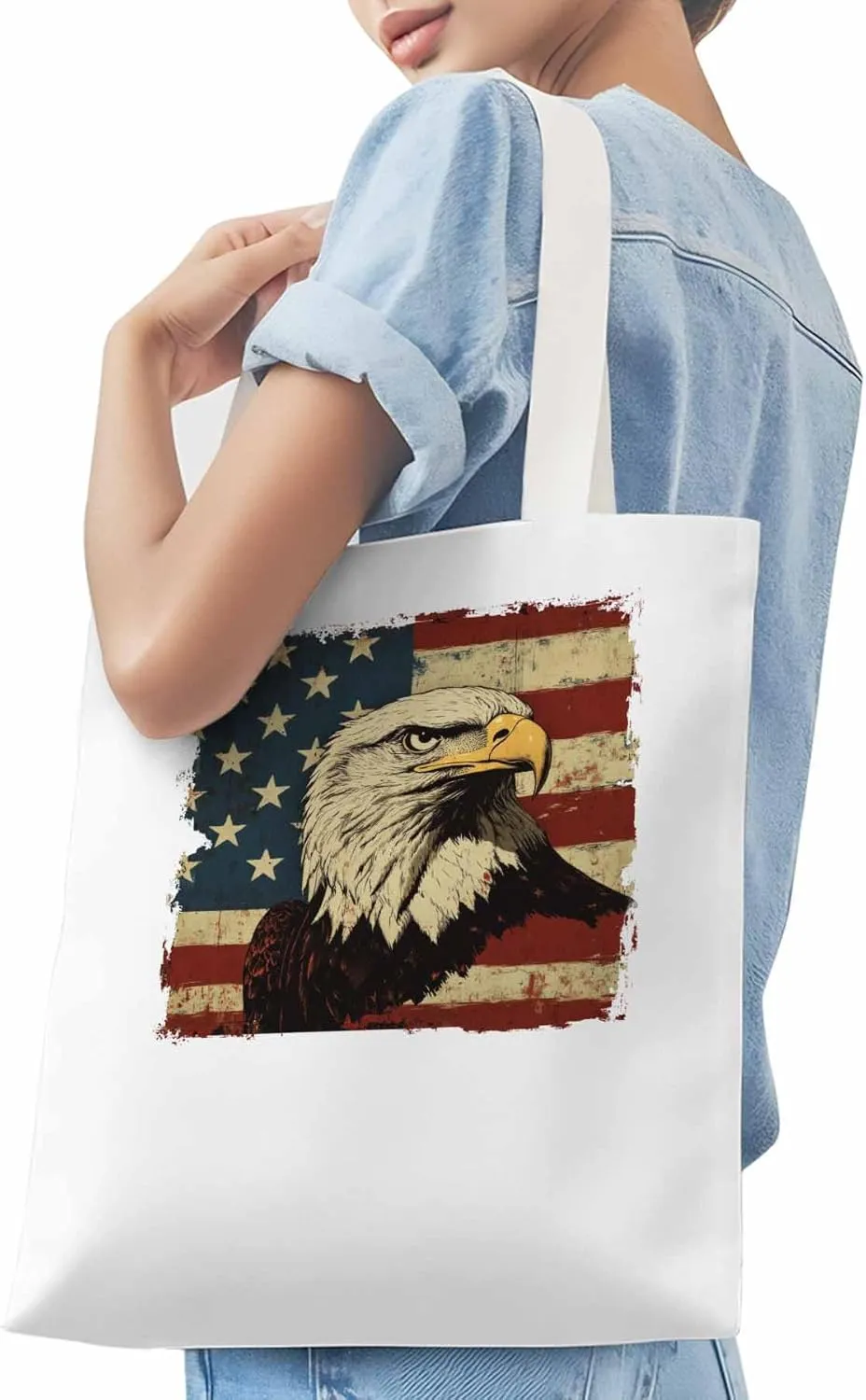 American Flag Eagle Retro Canvas Tote Bag, Aesthetic Canvas Tote Handbags for Women Shoulder Bag
