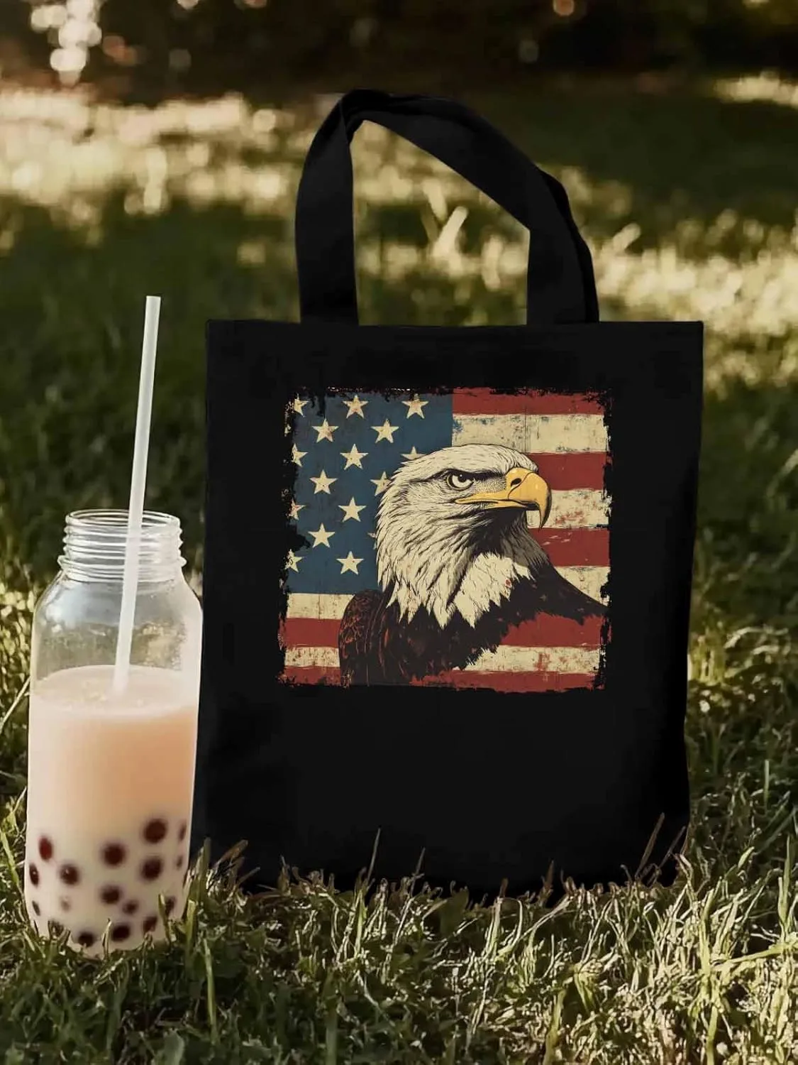 American Flag Eagle Retro Canvas Tote Bag, Aesthetic Canvas Tote Handbags for Women Shoulder Bag
