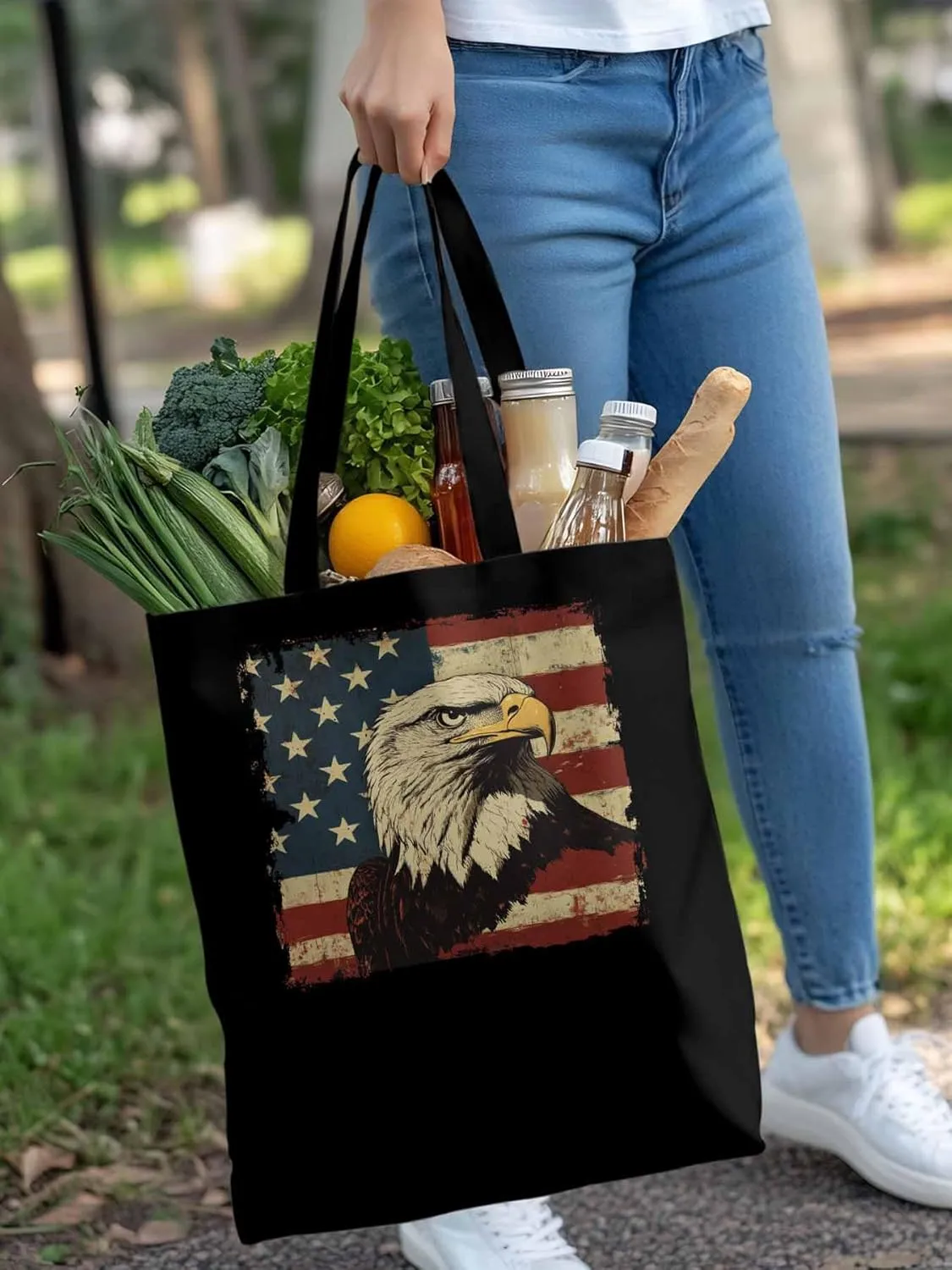 American Flag Eagle Retro Canvas Tote Bag, Aesthetic Canvas Tote Handbags for Women Shoulder Bag