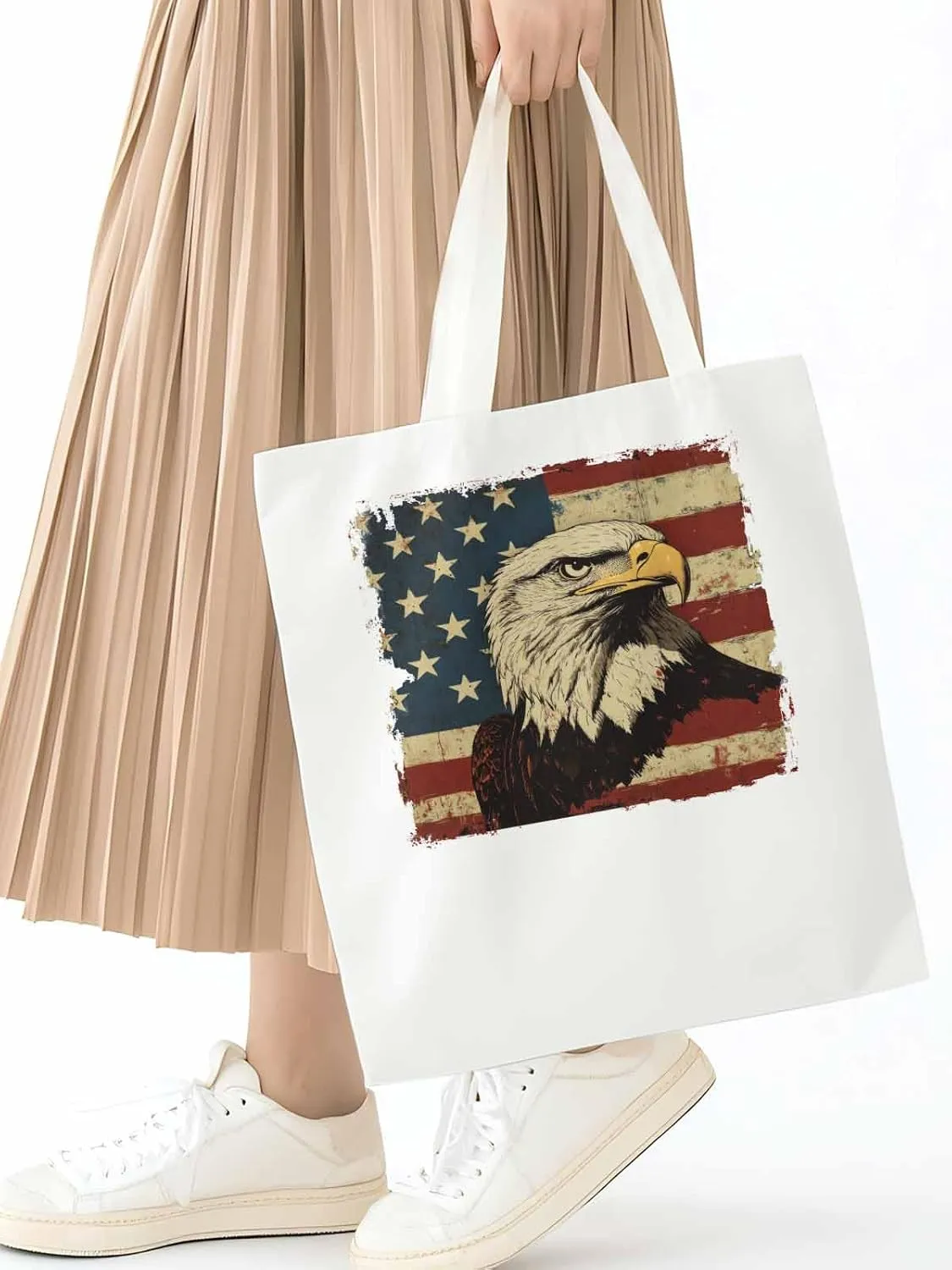 American Flag Eagle Retro Canvas Tote Bag, Aesthetic Canvas Tote Handbags for Women Shoulder Bag