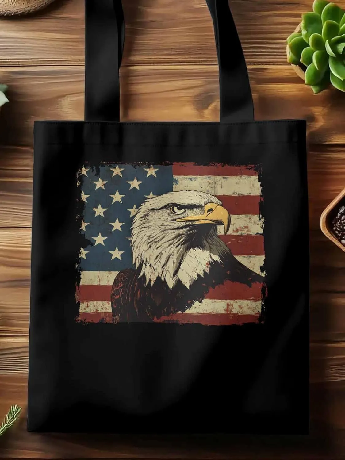 American Flag Eagle Retro Canvas Tote Bag, Aesthetic Canvas Tote Handbags for Women Shoulder Bag