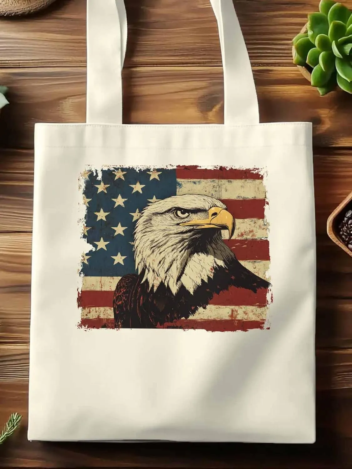 American Flag Eagle Retro Canvas Tote Bag, Aesthetic Canvas Tote Handbags for Women Shoulder Bag