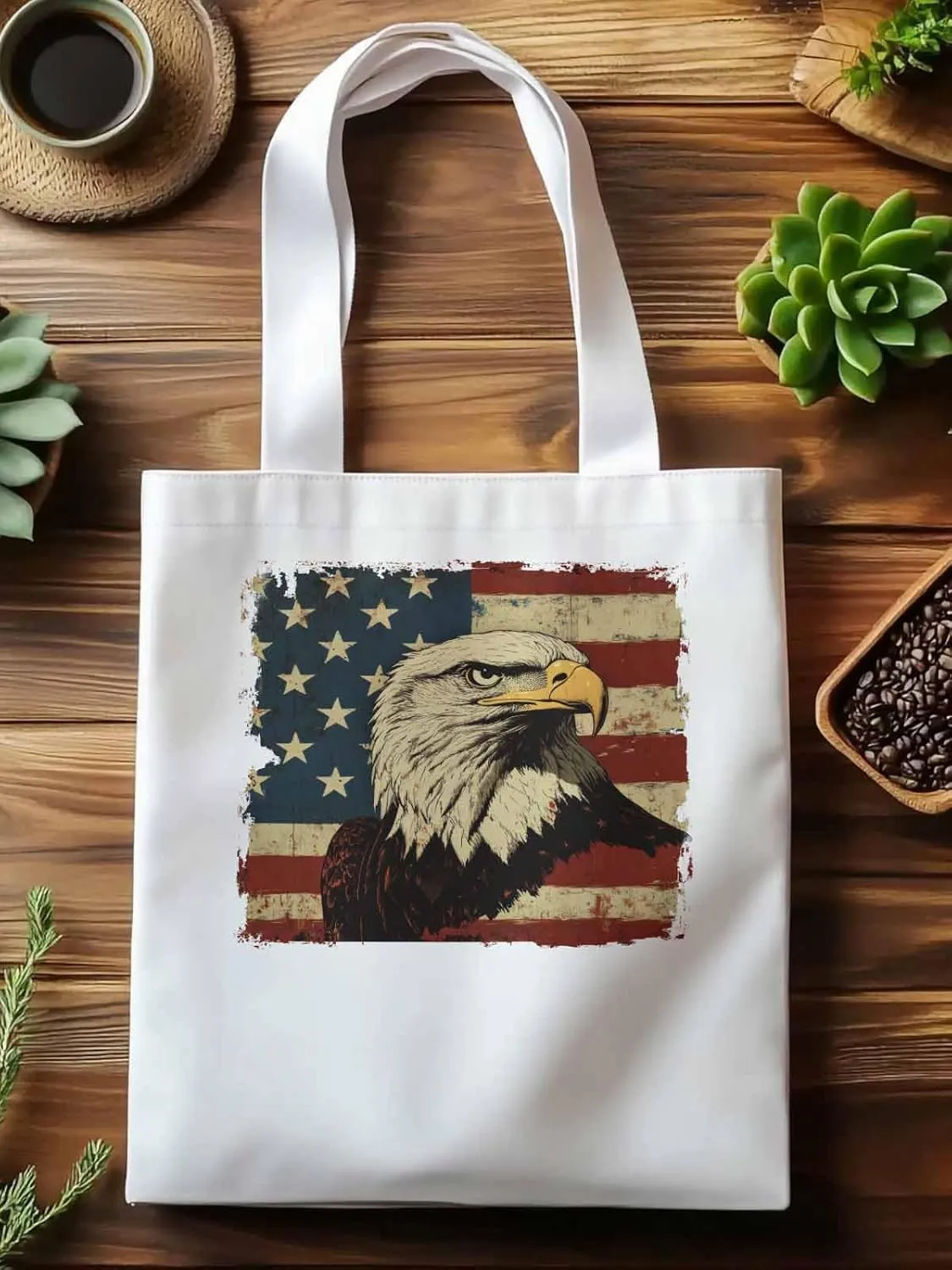 American Flag Eagle Retro Canvas Tote Bag, Aesthetic Canvas Tote Handbags for Women Shoulder Bag