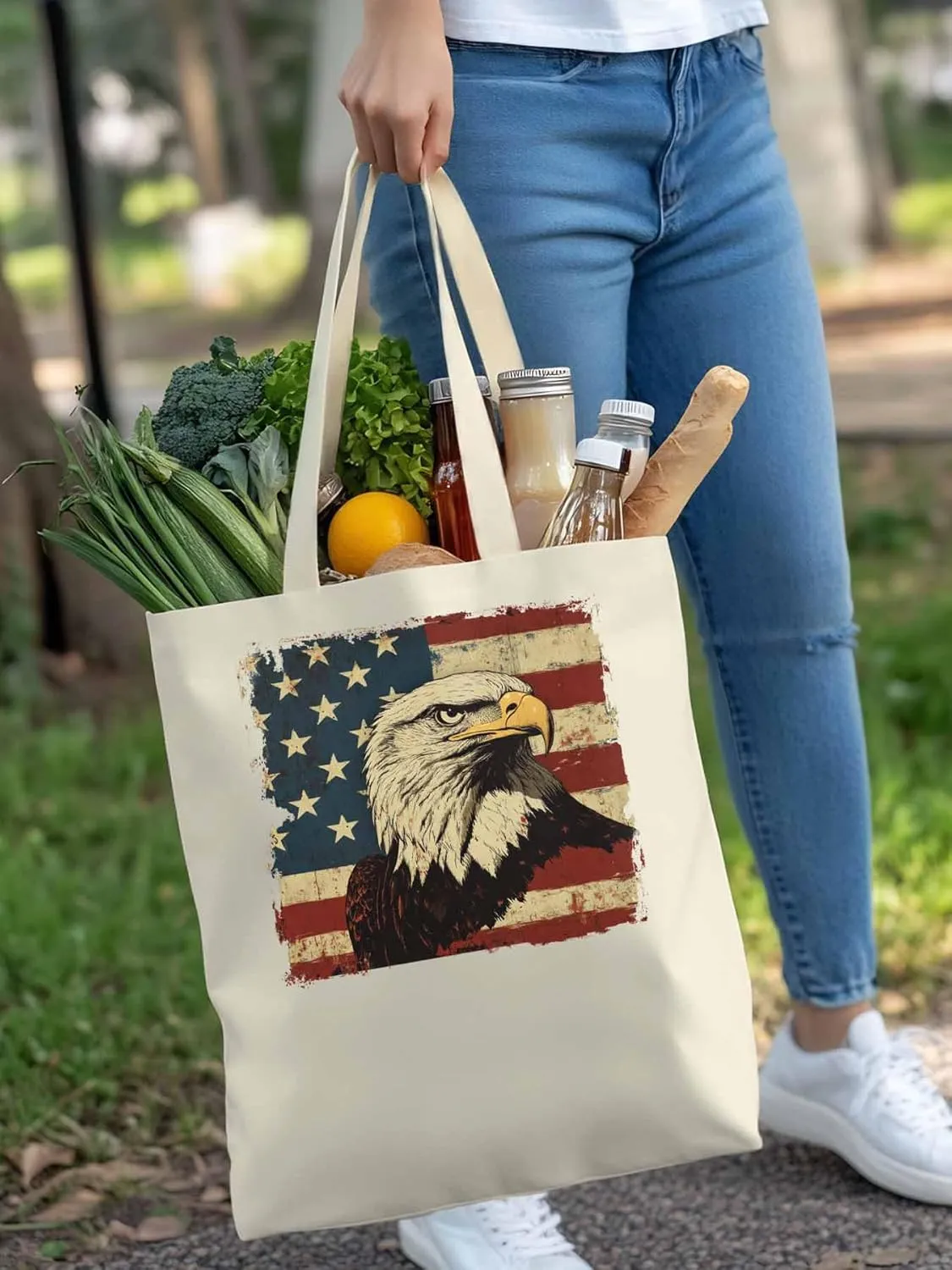 American Flag Eagle Retro Canvas Tote Bag, Aesthetic Canvas Tote Handbags for Women Shoulder Bag