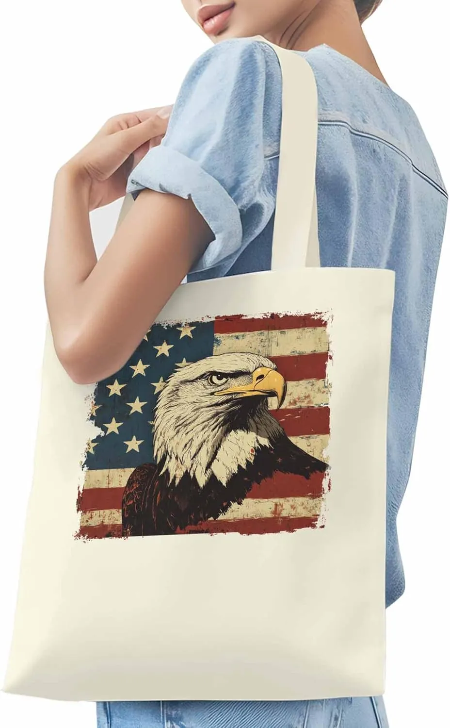 American Flag Eagle Retro Canvas Tote Bag, Aesthetic Canvas Tote Handbags for Women Shoulder Bag