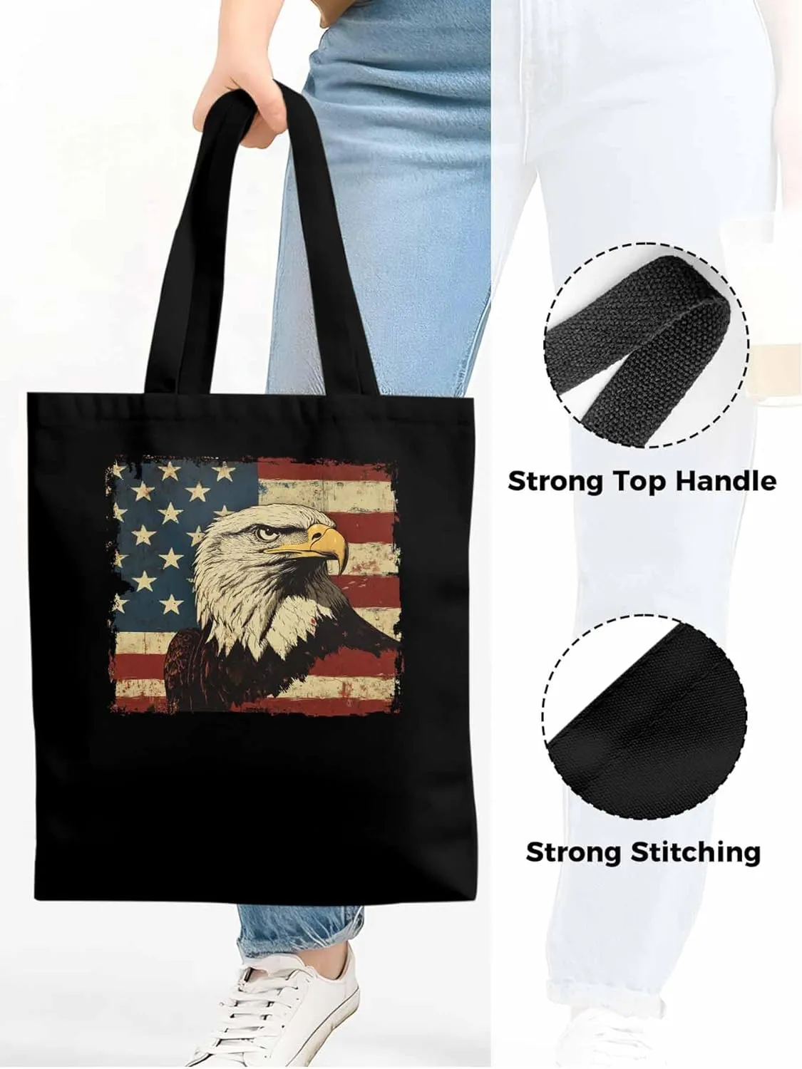 American Flag Eagle Retro Canvas Tote Bag, Aesthetic Canvas Tote Handbags for Women Shoulder Bag