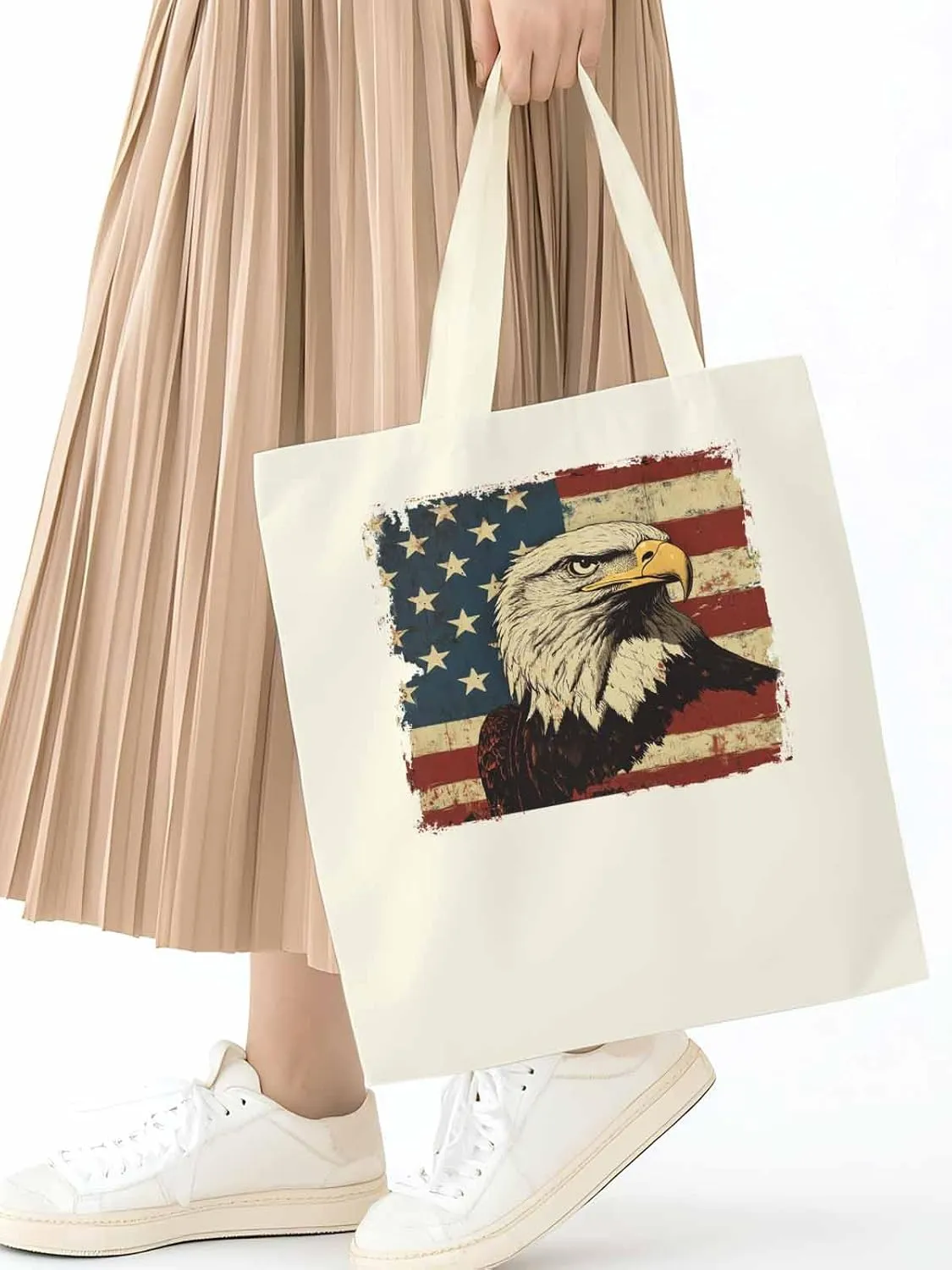 American Flag Eagle Retro Canvas Tote Bag, Aesthetic Canvas Tote Handbags for Women Shoulder Bag