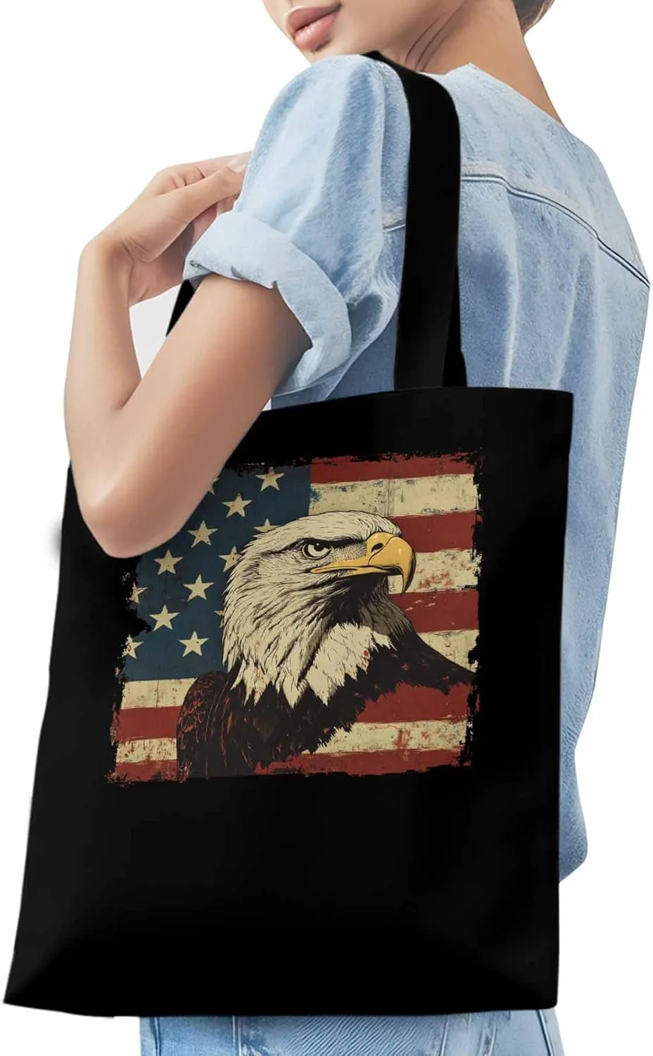 American Flag Eagle Retro Canvas Tote Bag, Aesthetic Canvas Tote Handbags for Women Shoulder Bag