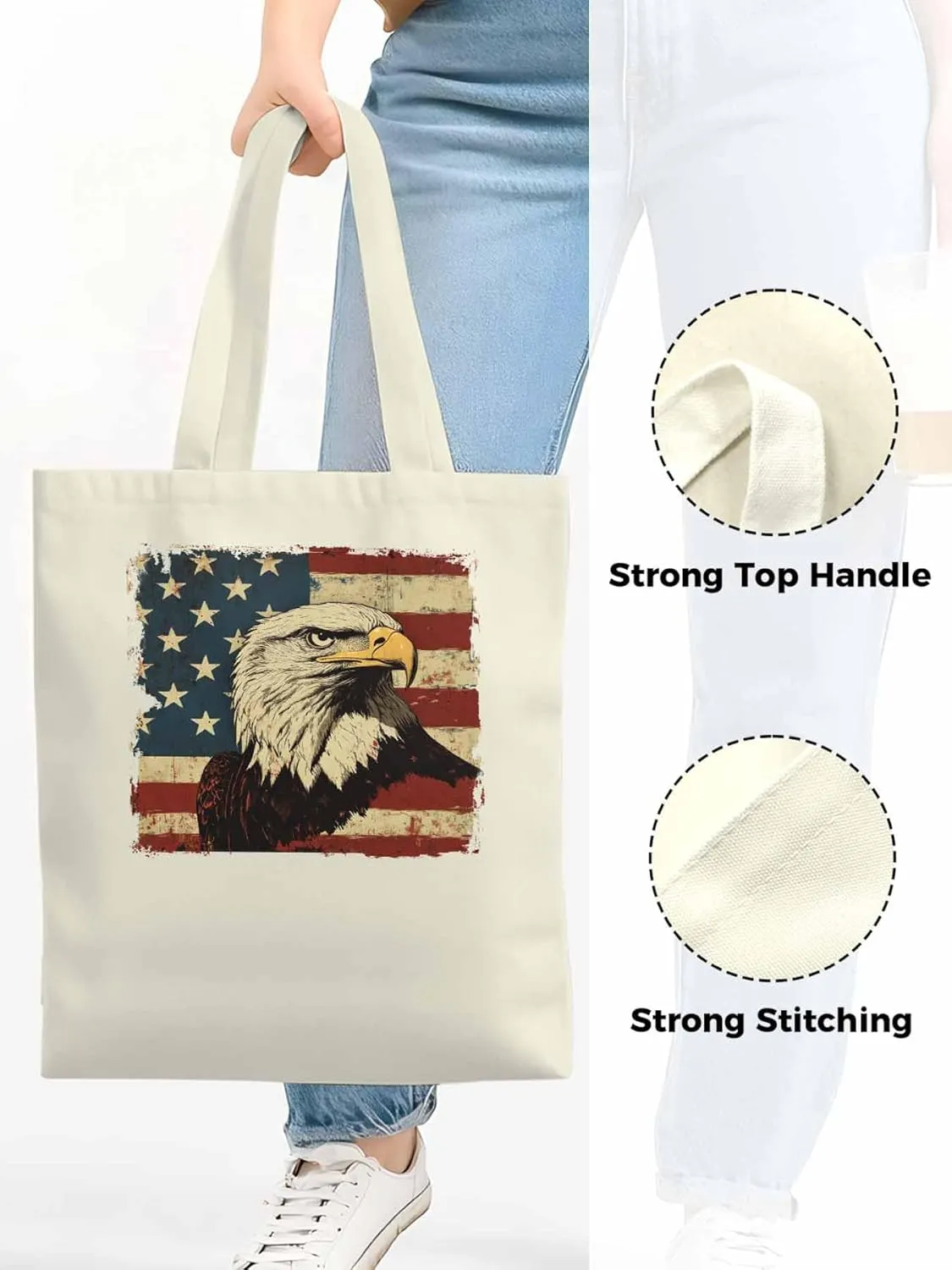 American Flag Eagle Retro Canvas Tote Bag, Aesthetic Canvas Tote Handbags for Women Shoulder Bag