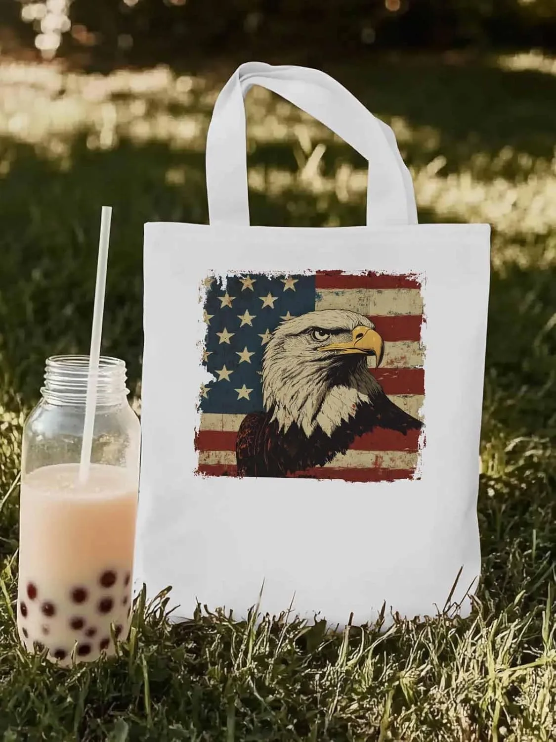 American Flag Eagle Retro Canvas Tote Bag, Aesthetic Canvas Tote Handbags for Women Shoulder Bag