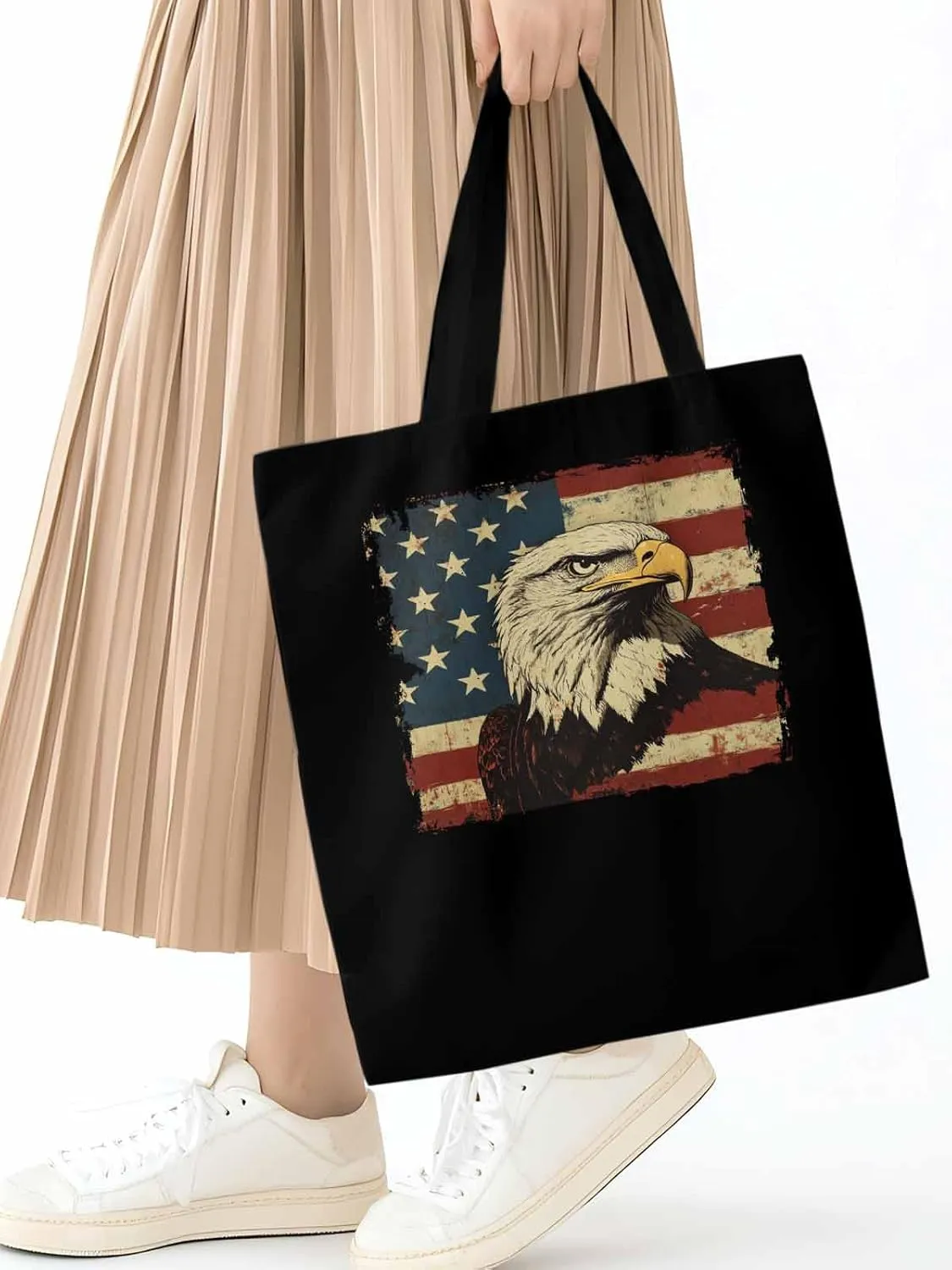 American Flag Eagle Retro Canvas Tote Bag, Aesthetic Canvas Tote Handbags for Women Shoulder Bag