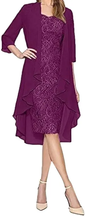 Aniywn Wedding Guest Dresses for Women, 2 Pieces Lace Mother of The Bride Dress with Jacket Chiffon Formal Evening Dresses