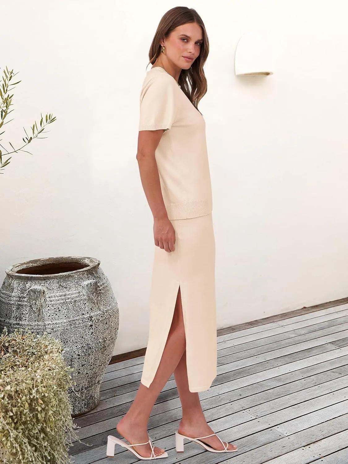 ANRABESS Womens 2 Piece Outfits Striped Sweater Skirt Sets 2025 Summer Casual Short Sleeve Pullover Tops Travel Midi Dress