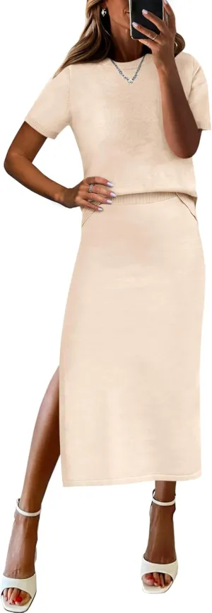 ANRABESS Womens 2 Piece Outfits Striped Sweater Skirt Sets 2025 Summer Casual Short Sleeve Pullover Tops Travel Midi Dress