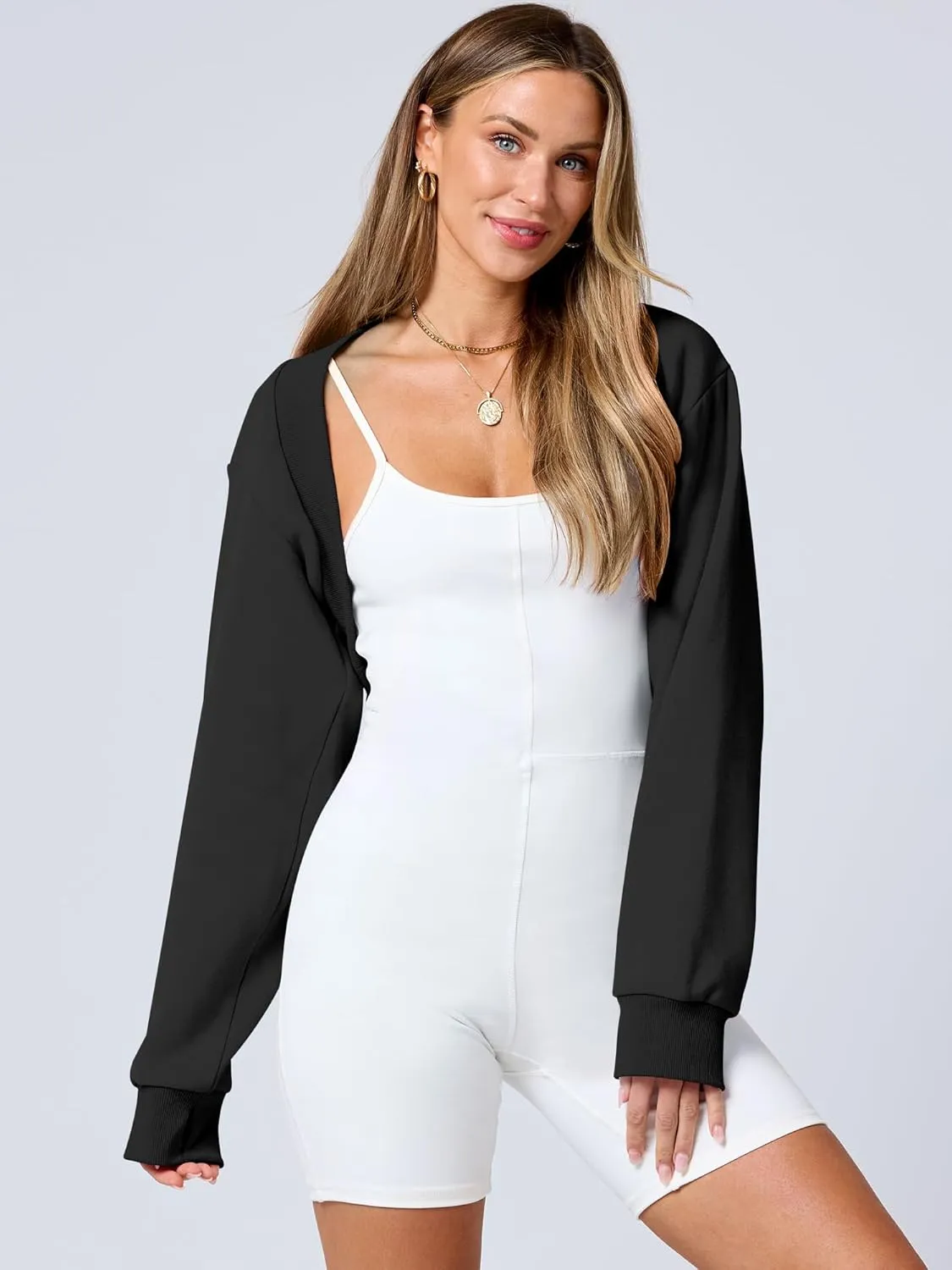 ANRABESS Womens Cropped Sweatshirt Long Sleeve Bolero Cardigan Open Front Shrug Workout Thumb Hole Y2K Tops Preppy Clothes