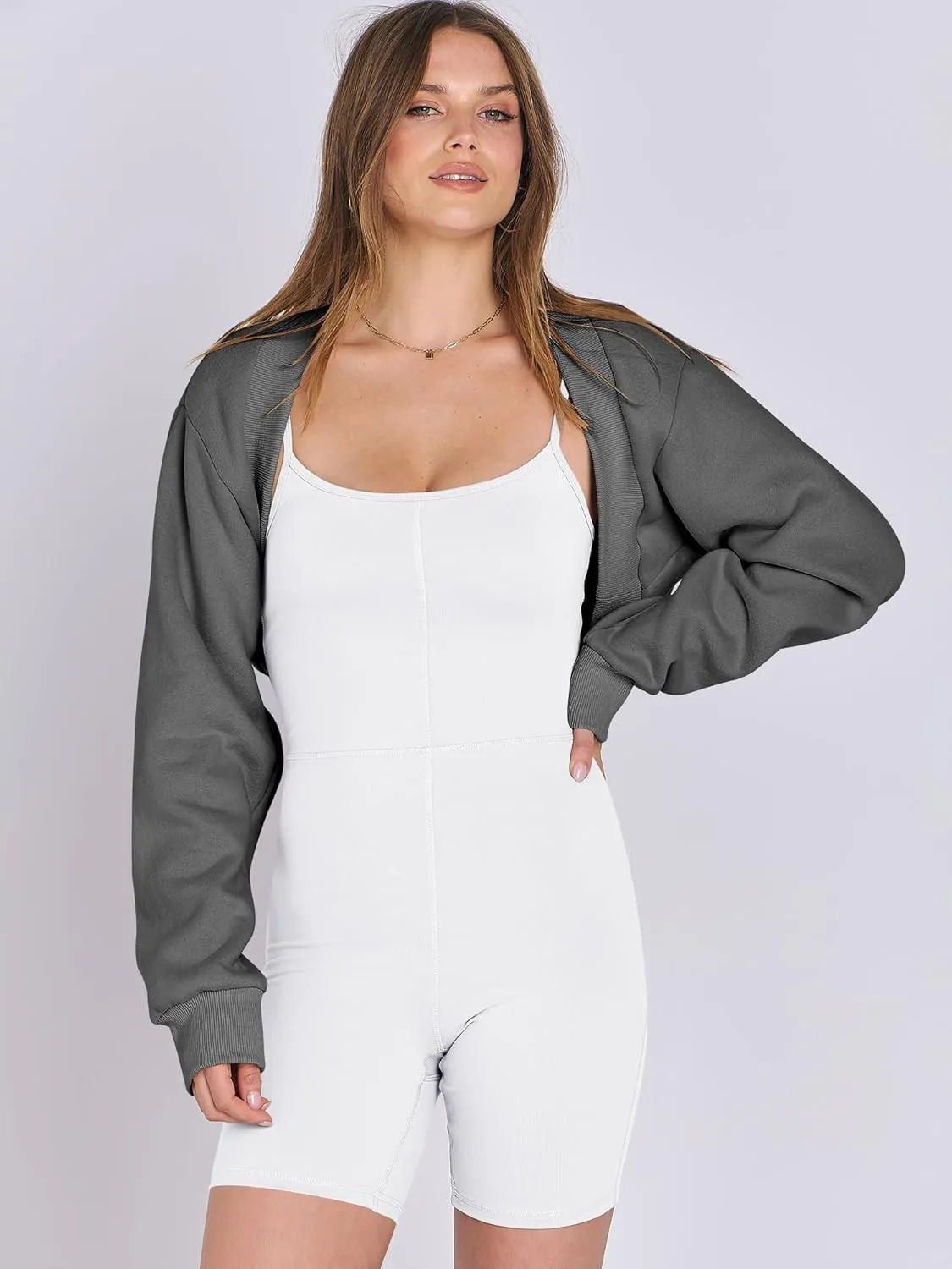 ANRABESS Womens Cropped Sweatshirt Long Sleeve Bolero Cardigan Open Front Shrug Workout Thumb Hole Y2K Tops Preppy Clothes