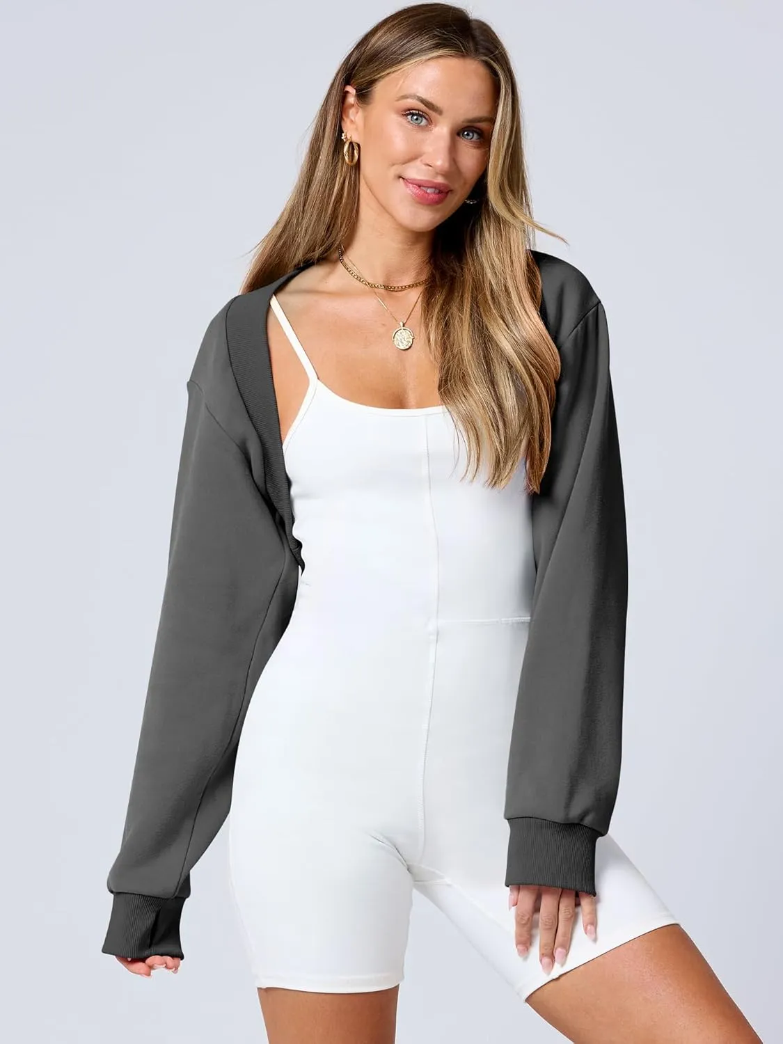 ANRABESS Womens Cropped Sweatshirt Long Sleeve Bolero Cardigan Open Front Shrug Workout Thumb Hole Y2K Tops Preppy Clothes