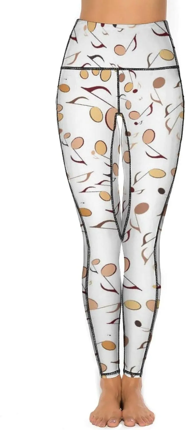 Athletic High Waist Yoga Pants Women's Workout Leggings with Pockets Exercise Tights White Music Notes Sports Trousers