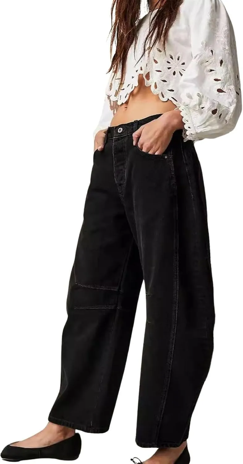 Barrel Jean Pants Women Wide Leg Cropped Jeans Mid Rise Baggy Y2k Boyfriend Denim Pants Vintage Harem Pants Trousers