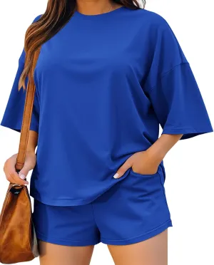 Beautife Womens Plus Size 2 Piece Outfits 3/4 Sleeve Tops and Elastic Waist Shorts Loungewear Pajamas Sets
