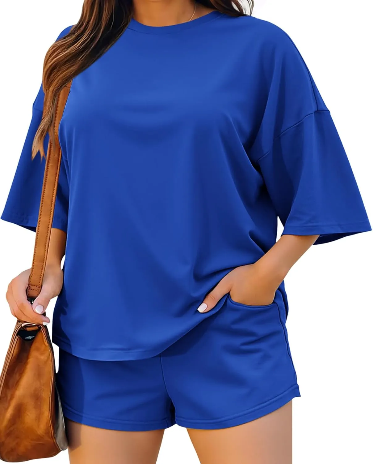Beautife Womens Plus Size 2 Piece Outfits 3/4 Sleeve Tops and Elastic Waist Shorts Loungewear Pajamas Sets