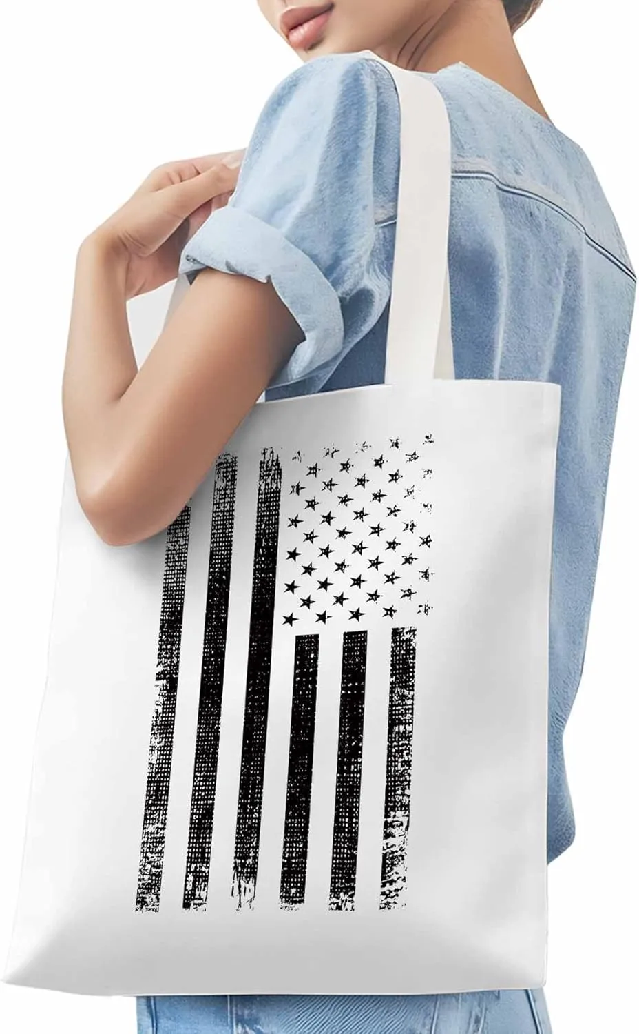 Black American Flag Canvas Tote Bag, Vintage Aesthetic Canvas Tote Handbags for Women Shoulder Bag