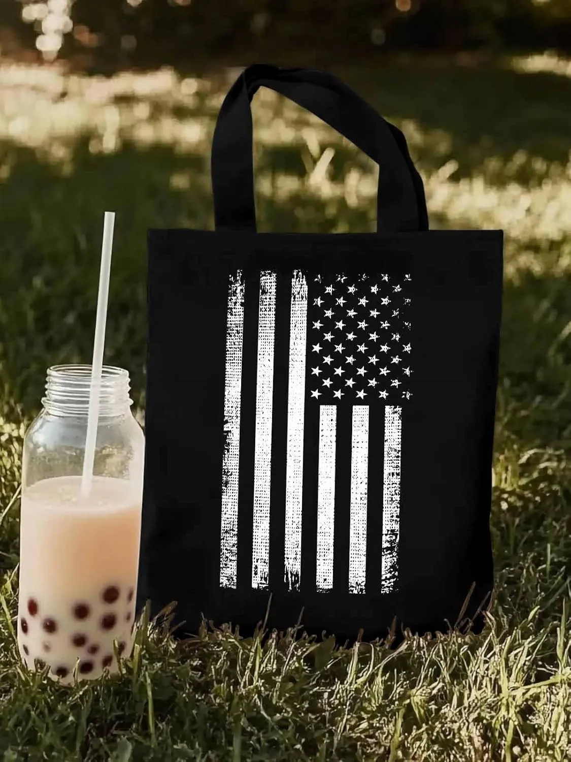 Black American Flag Canvas Tote Bag, Vintage Aesthetic Canvas Tote Handbags for Women Shoulder Bag