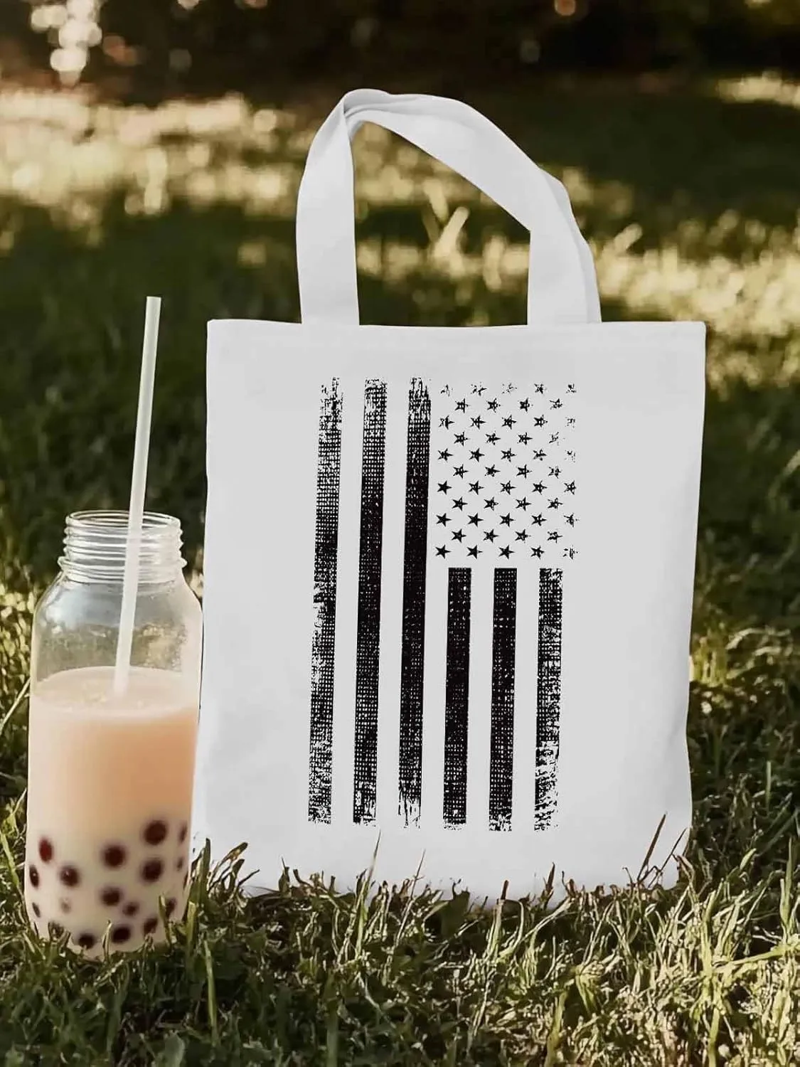 Black American Flag Canvas Tote Bag, Vintage Aesthetic Canvas Tote Handbags for Women Shoulder Bag