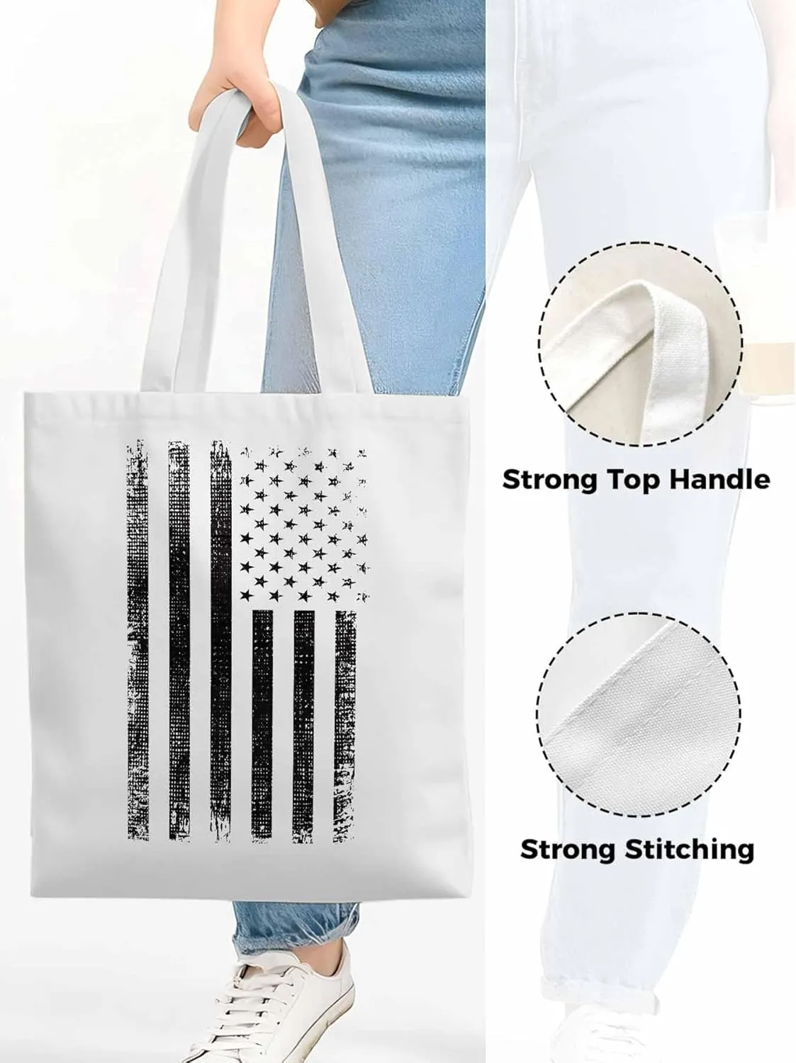 Black American Flag Canvas Tote Bag, Vintage Aesthetic Canvas Tote Handbags for Women Shoulder Bag
