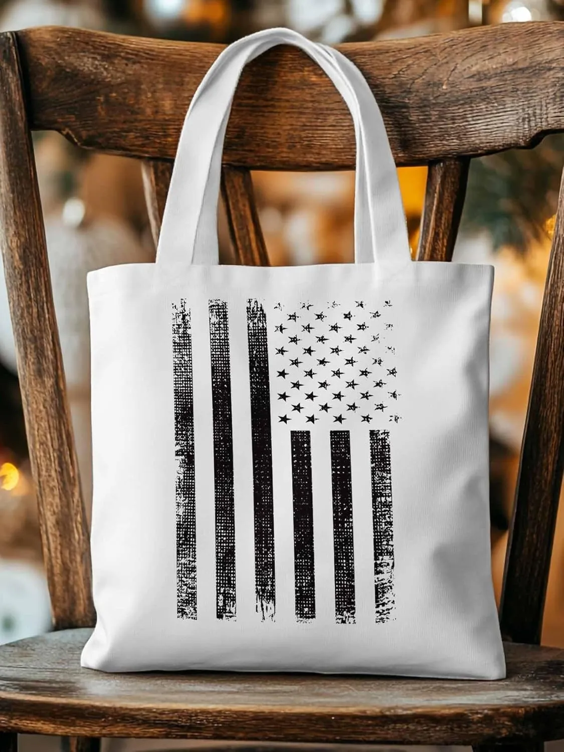 Black American Flag Canvas Tote Bag, Vintage Aesthetic Canvas Tote Handbags for Women Shoulder Bag
