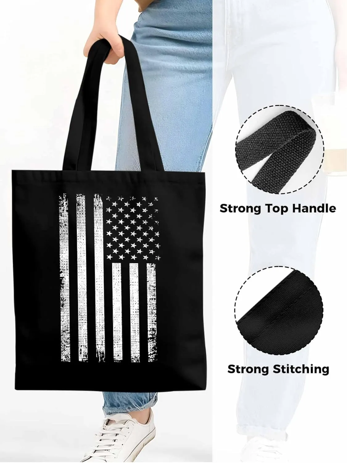 Black American Flag Canvas Tote Bag, Vintage Aesthetic Canvas Tote Handbags for Women Shoulder Bag