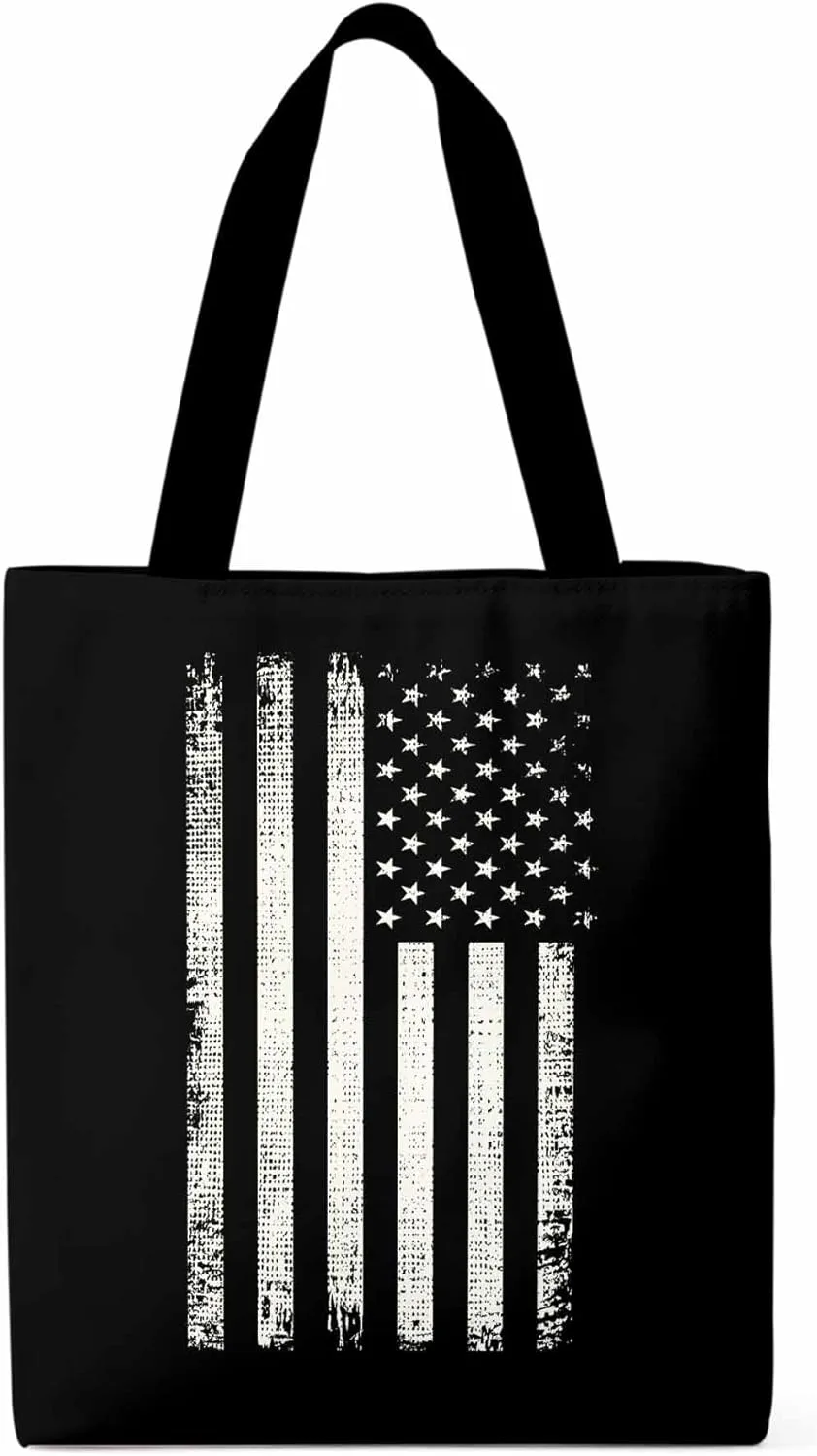 Black American Flag Canvas Tote Bag, Vintage Aesthetic Canvas Tote Handbags for Women Shoulder Bag