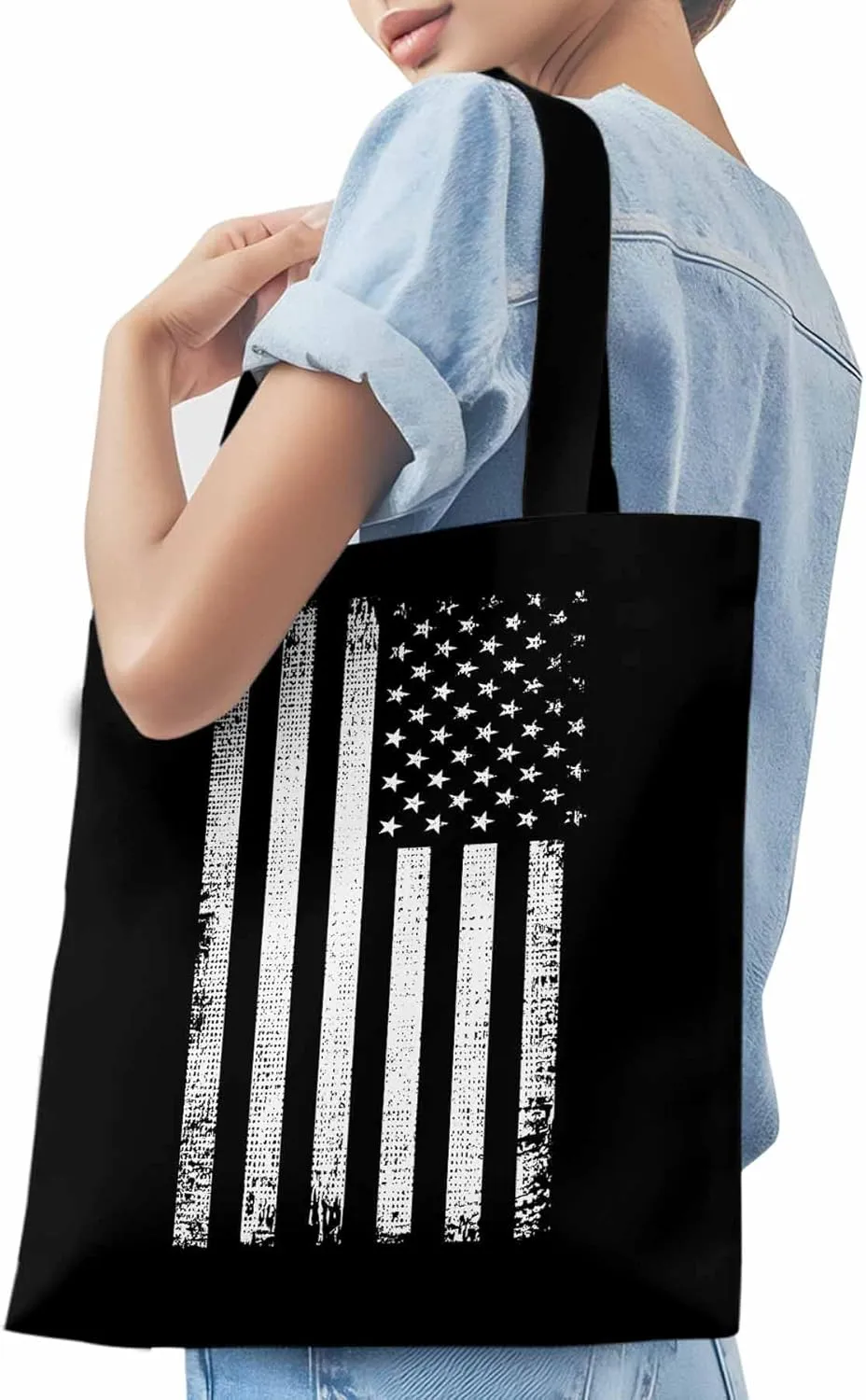 Black American Flag Canvas Tote Bag, Vintage Aesthetic Canvas Tote Handbags for Women Shoulder Bag