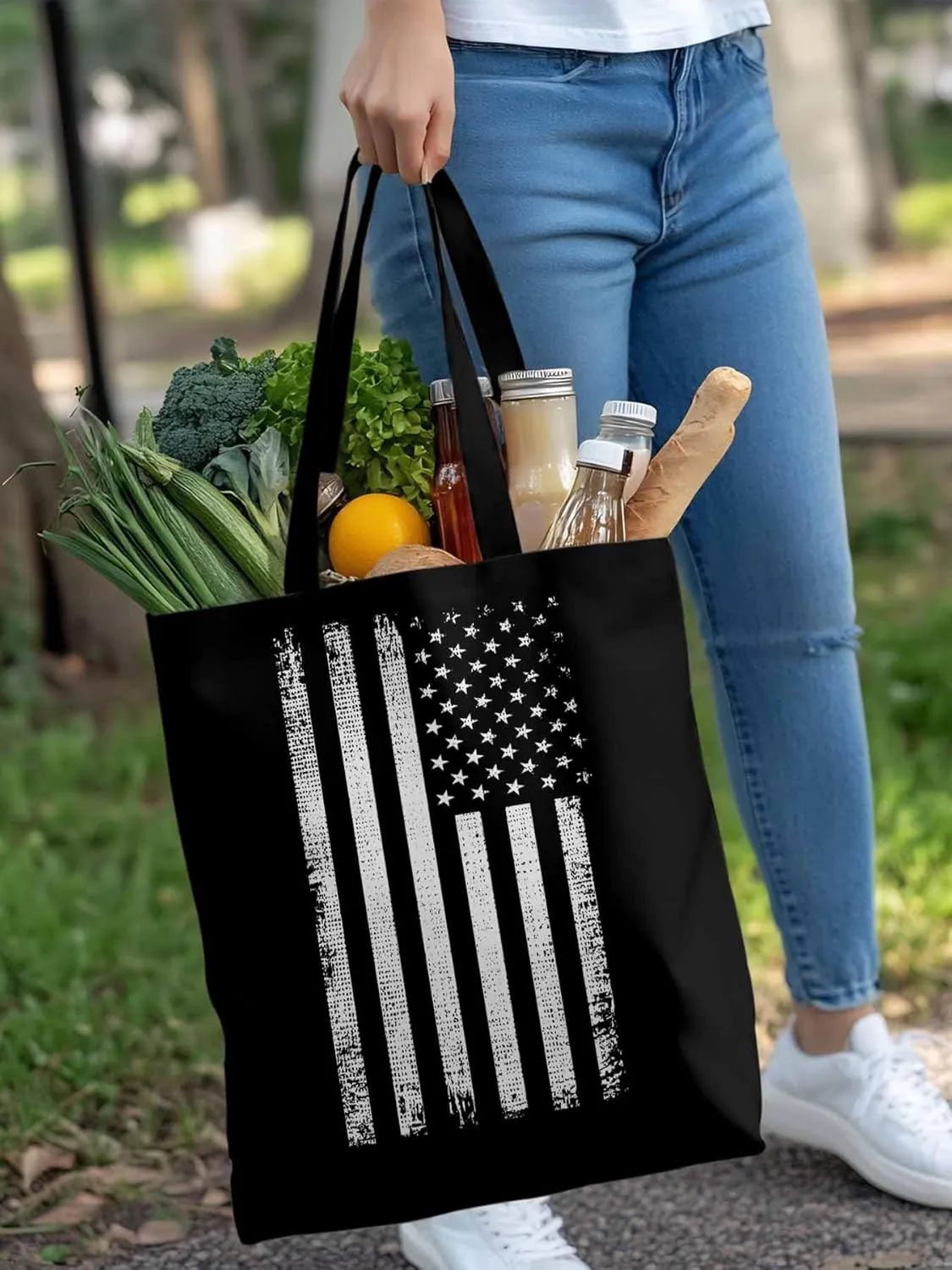 Black American Flag Canvas Tote Bag, Vintage Aesthetic Canvas Tote Handbags for Women Shoulder Bag