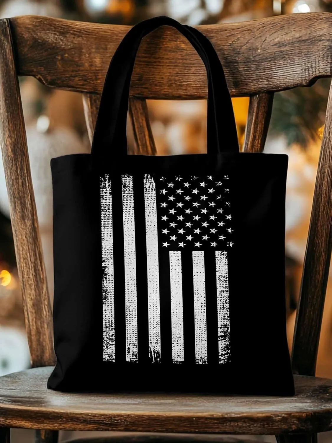 Black American Flag Canvas Tote Bag, Vintage Aesthetic Canvas Tote Handbags for Women Shoulder Bag