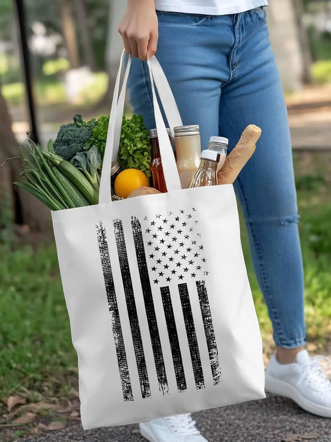 Black American Flag Canvas Tote Bag, Vintage Aesthetic Canvas Tote Handbags for Women Shoulder Bag