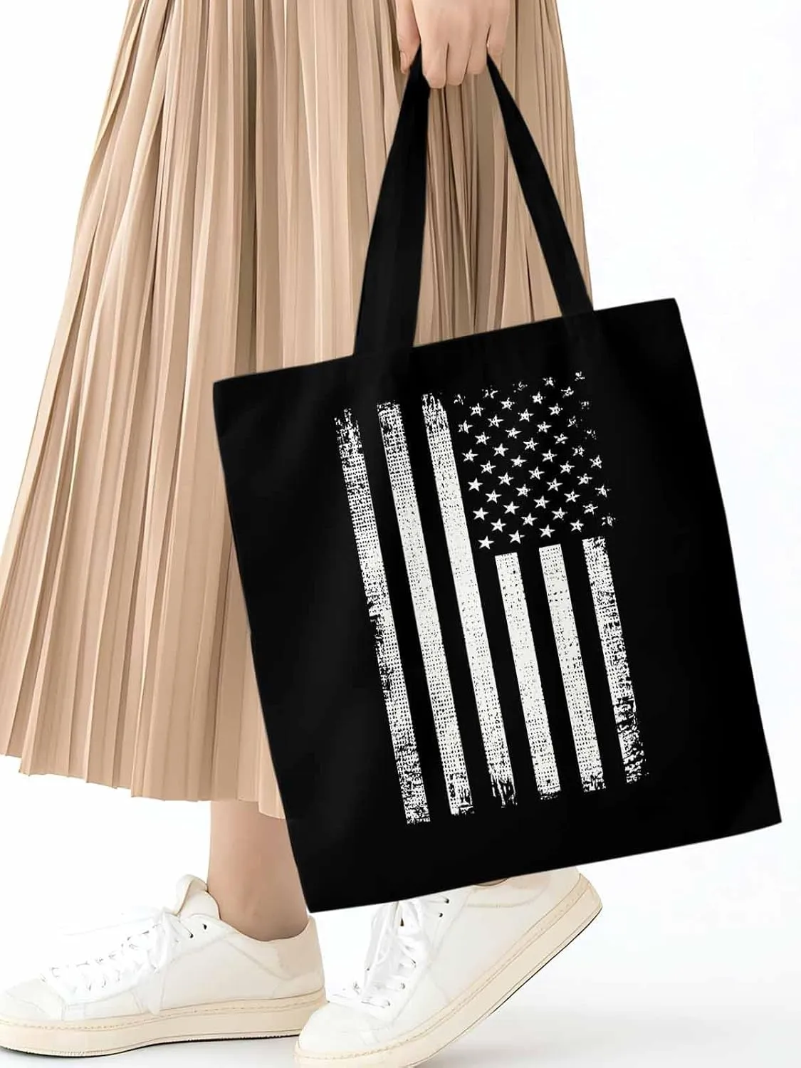 Black American Flag Canvas Tote Bag, Vintage Aesthetic Canvas Tote Handbags for Women Shoulder Bag