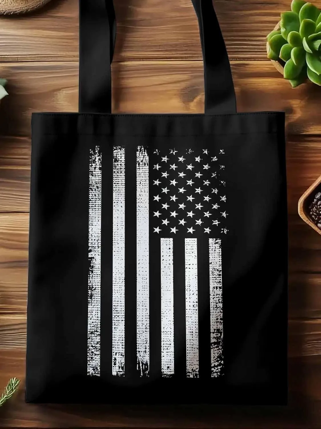 Black American Flag Canvas Tote Bag, Vintage Aesthetic Canvas Tote Handbags for Women Shoulder Bag