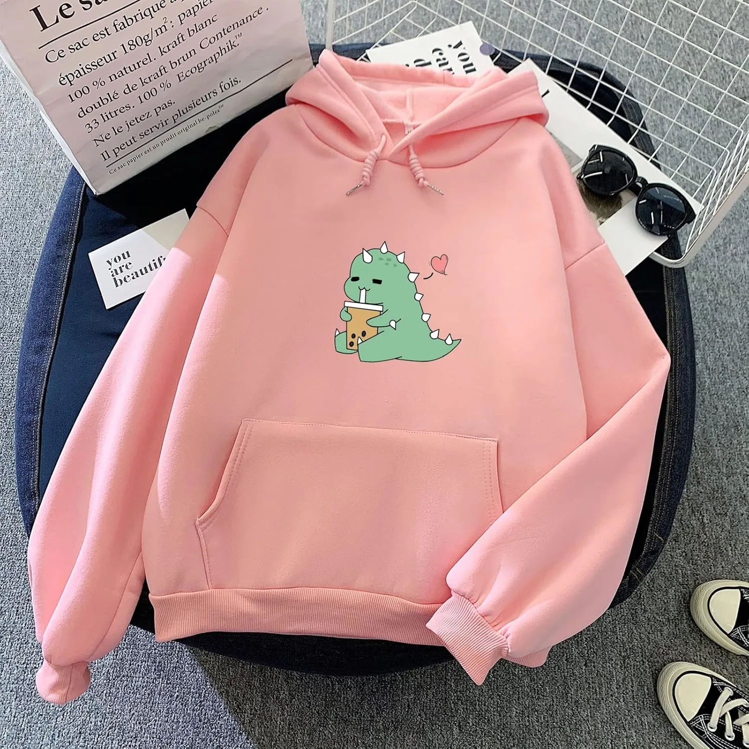 Bobeutou Cute Dinosaur Hoodie for Women Hooded Sweatshirt Long Sleeve Hoodies for Teen Girls Aesthetic Tops with Pocket