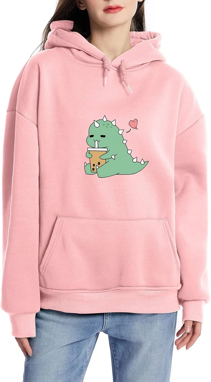 Bobeutou Cute Dinosaur Hoodie for Women Hooded Sweatshirt Long Sleeve Hoodies for Teen Girls Aesthetic Tops with Pocket
