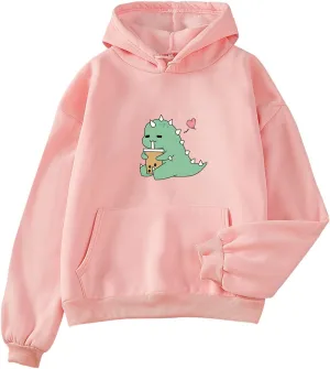Bobeutou Cute Dinosaur Hoodie for Women Hooded Sweatshirt Long Sleeve Hoodies for Teen Girls Aesthetic Tops with Pocket