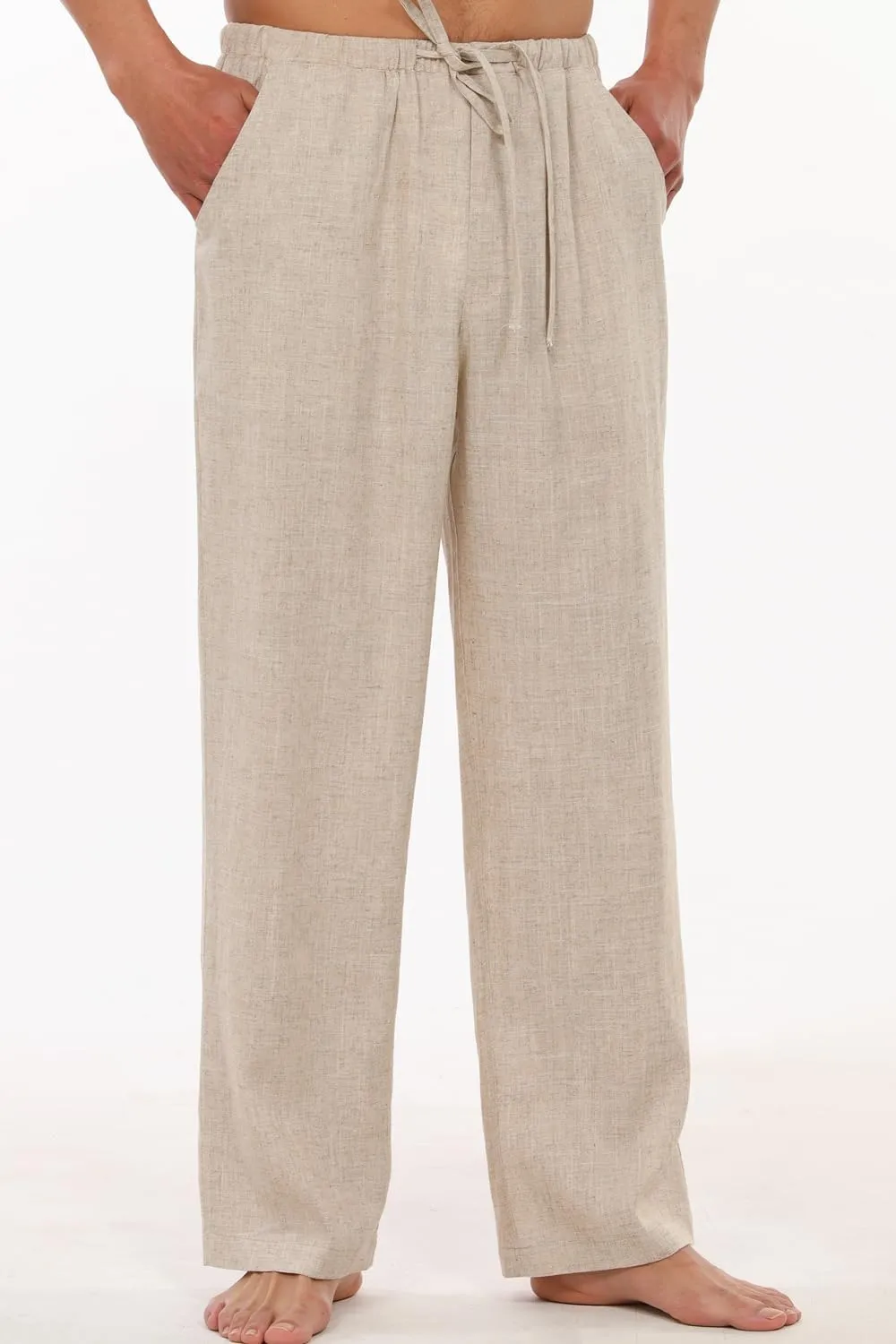 Bonnorth Men's Linen Loose Drawstring Elastic Waist Wide Leg Solid Casual Pants