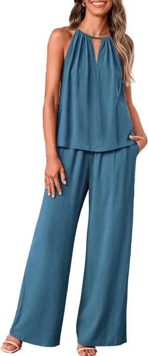 BTFBM Women's Casual Summer Two Piece Outfits Cotton Linen Sets Cutout Halter Sleeveless Top Wide Leg Pants Matching Set