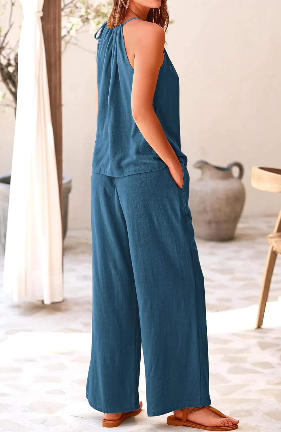 BTFBM Women's Casual Summer Two Piece Outfits Cotton Linen Sets Cutout Halter Sleeveless Top Wide Leg Pants Matching Set