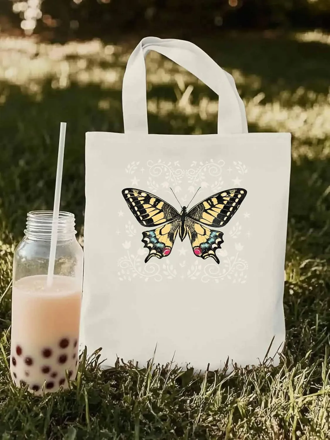 Butterfly Boho Flower Bohemia Floral Canvas Tote Bag, Aesthetic Canvas Tote Handbags for Women Shoulder Bag