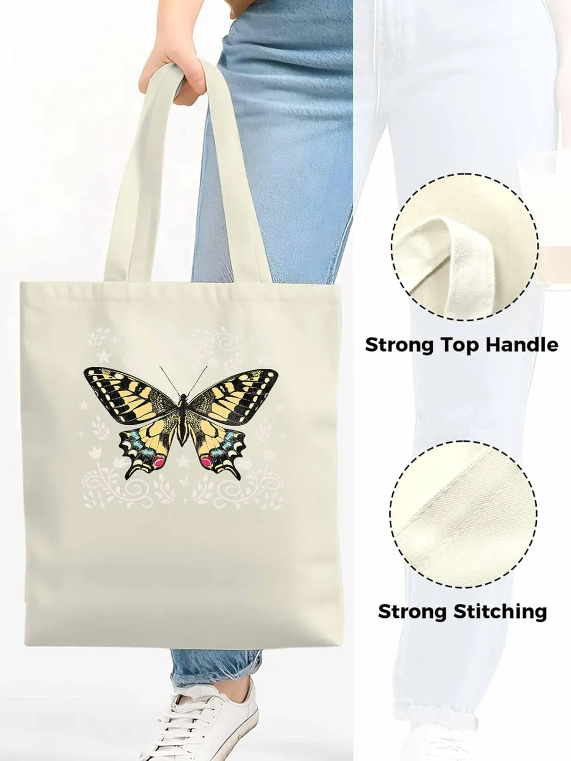 Butterfly Boho Flower Bohemia Floral Canvas Tote Bag, Aesthetic Canvas Tote Handbags for Women Shoulder Bag