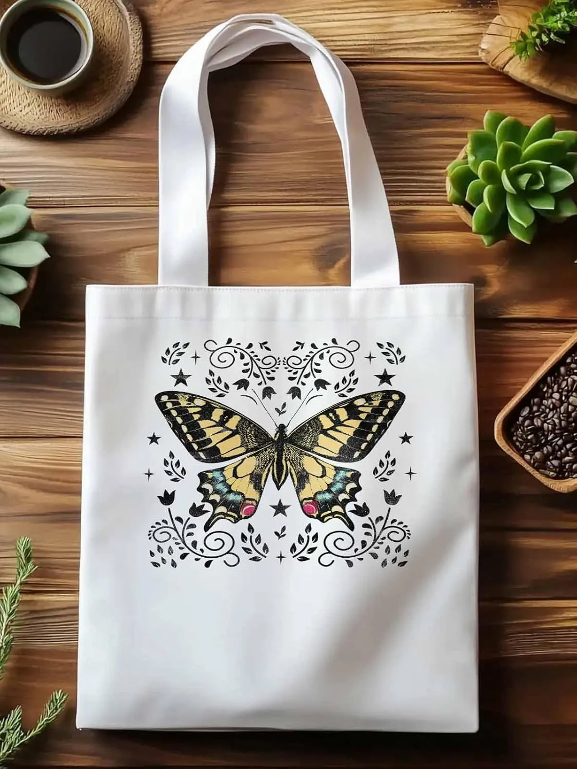 Butterfly Boho Flower Bohemia Floral Canvas Tote Bag, Aesthetic Canvas Tote Handbags for Women Shoulder Bag