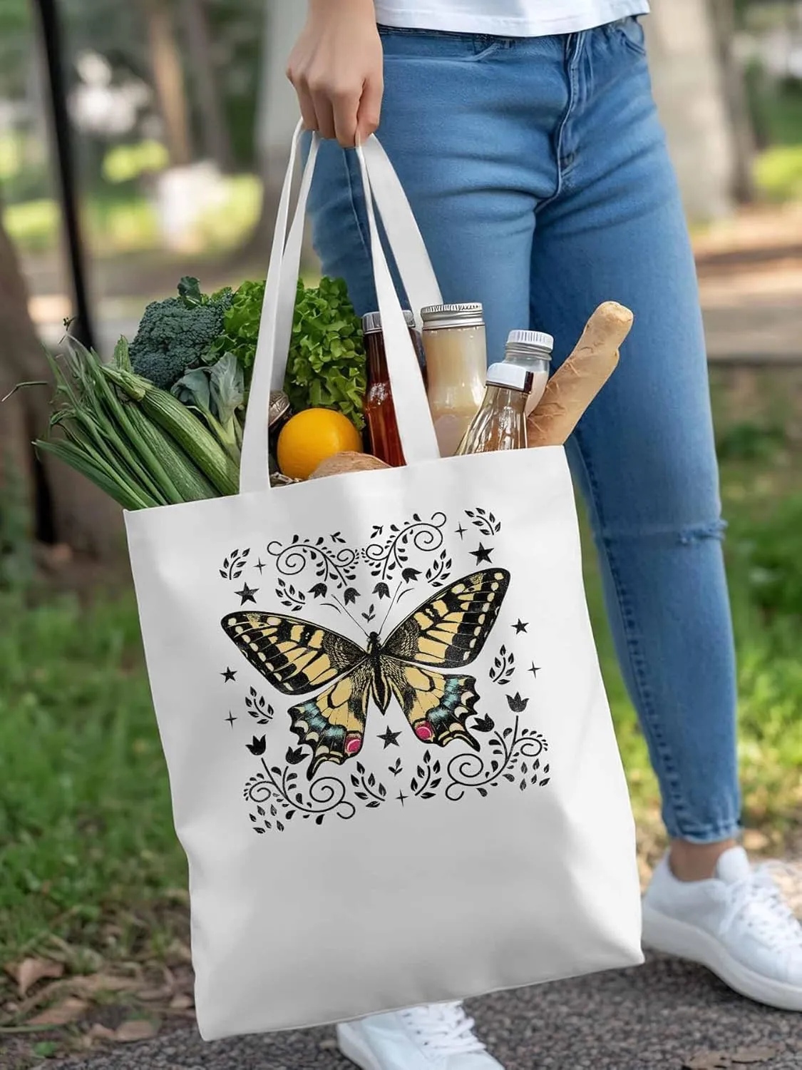 Butterfly Boho Flower Bohemia Floral Canvas Tote Bag, Aesthetic Canvas Tote Handbags for Women Shoulder Bag