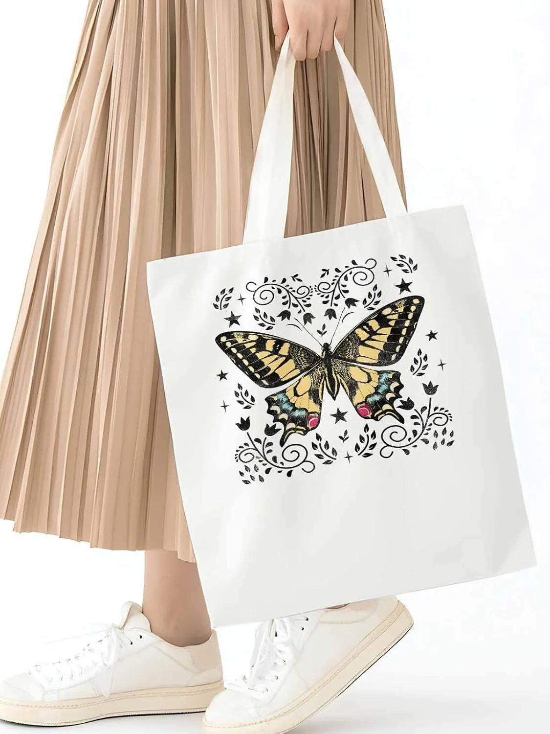 Butterfly Boho Flower Bohemia Floral Canvas Tote Bag, Aesthetic Canvas Tote Handbags for Women Shoulder Bag