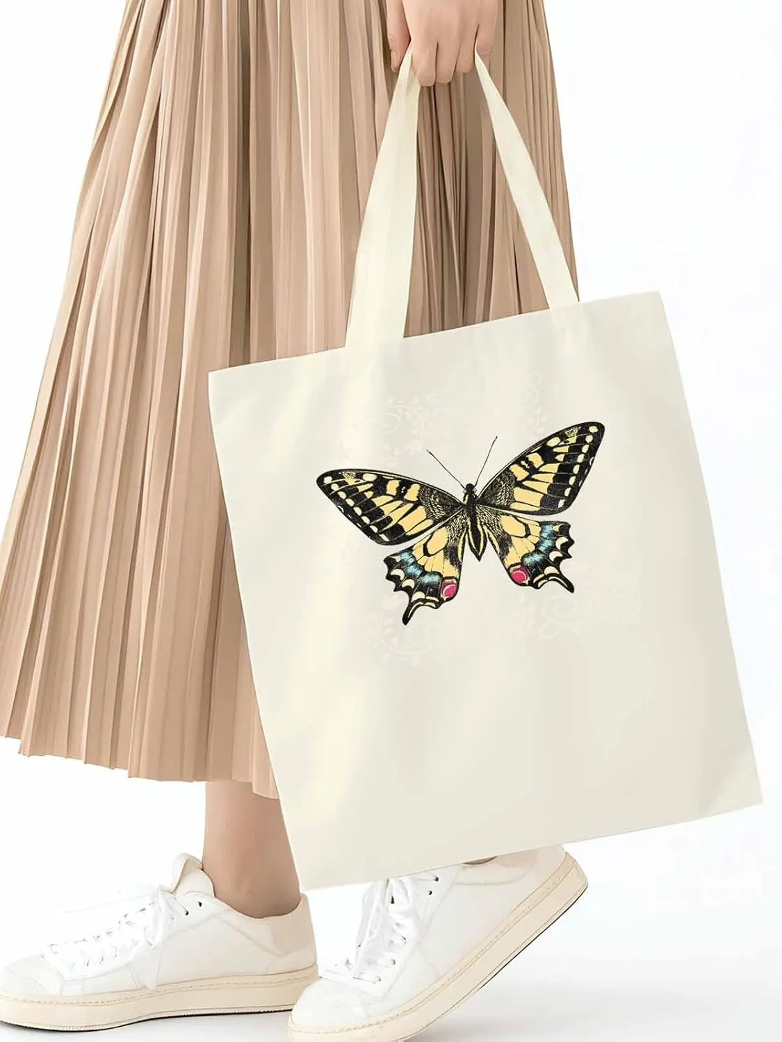 Butterfly Boho Flower Bohemia Floral Canvas Tote Bag, Aesthetic Canvas Tote Handbags for Women Shoulder Bag